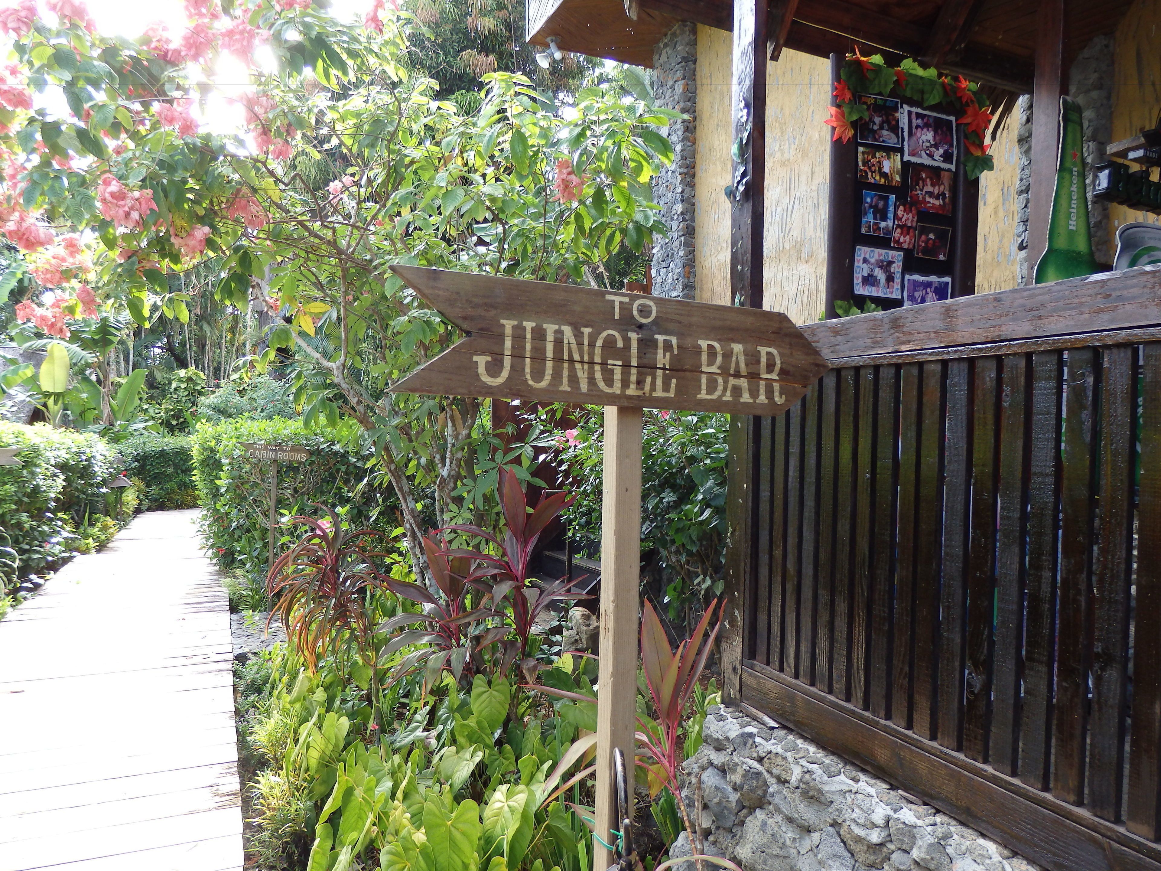 Un cartel de madera indica 'TO JUNGLE BAR', rodeado de exuberante follaje y un muro de piedra.
