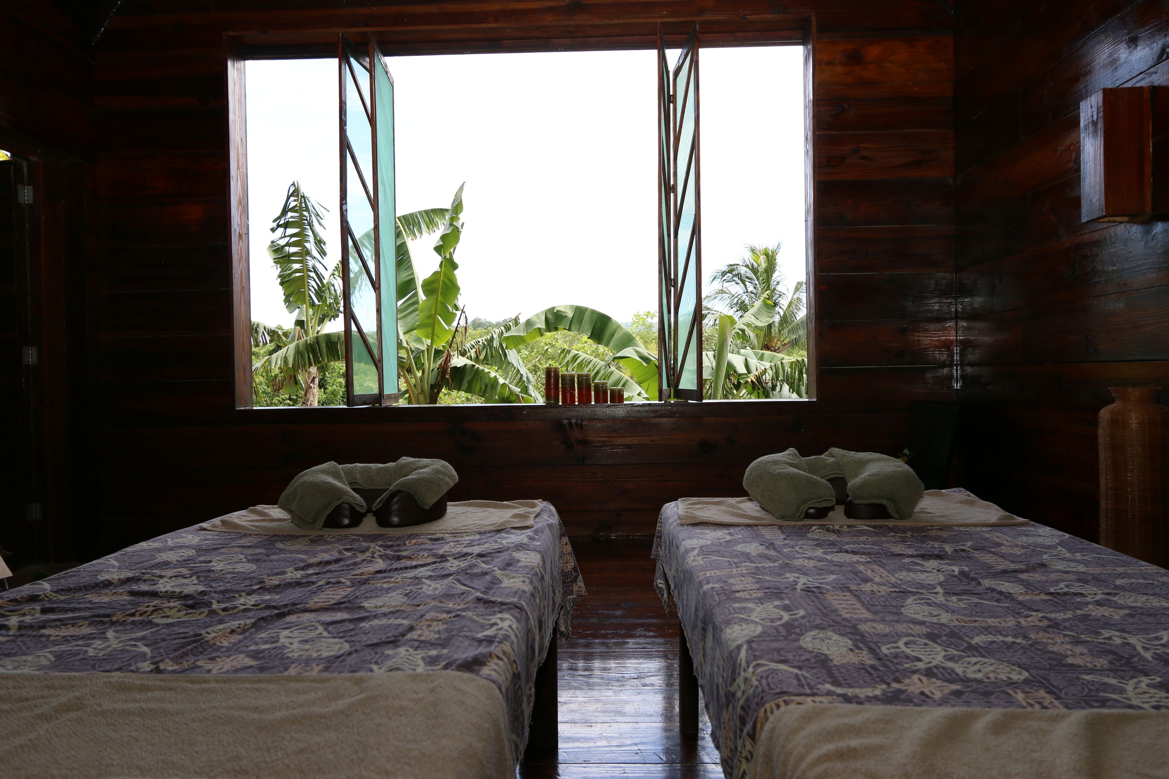 A room with two beds, a large window, and a view of tropical vegetation.