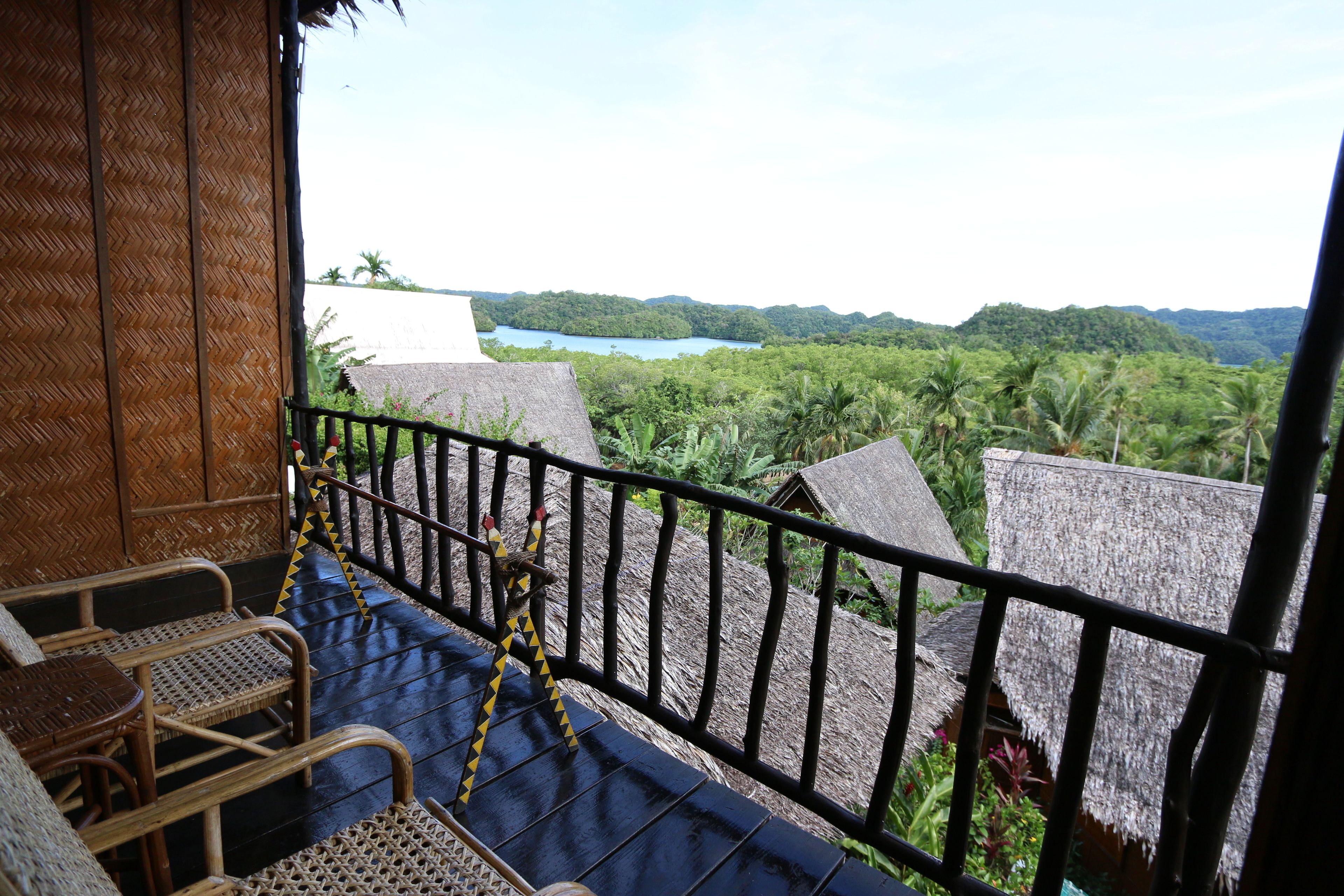 A balcony with wicker furniture, a metal railing, and a view of a lake surrounded by greenery.