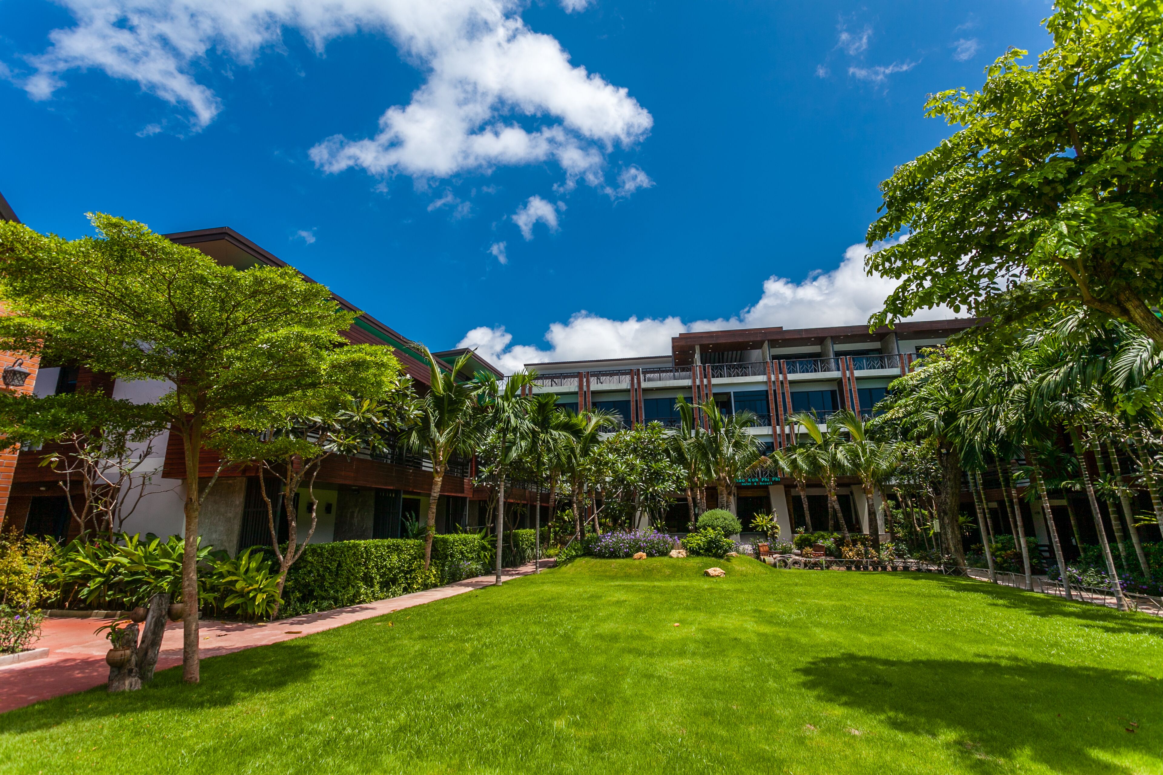 A courtyard with a well-maintained lawn, palm trees, and a modern building with large windows.