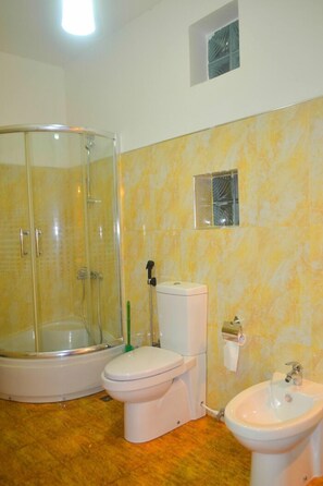 Shower, free toiletries, hair dryer, towels
