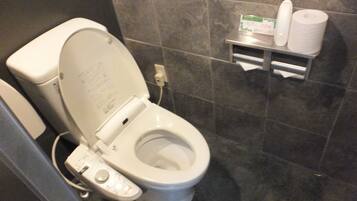 A modern toilet with a control panel, a toilet paper holder, and a hand dryer.
