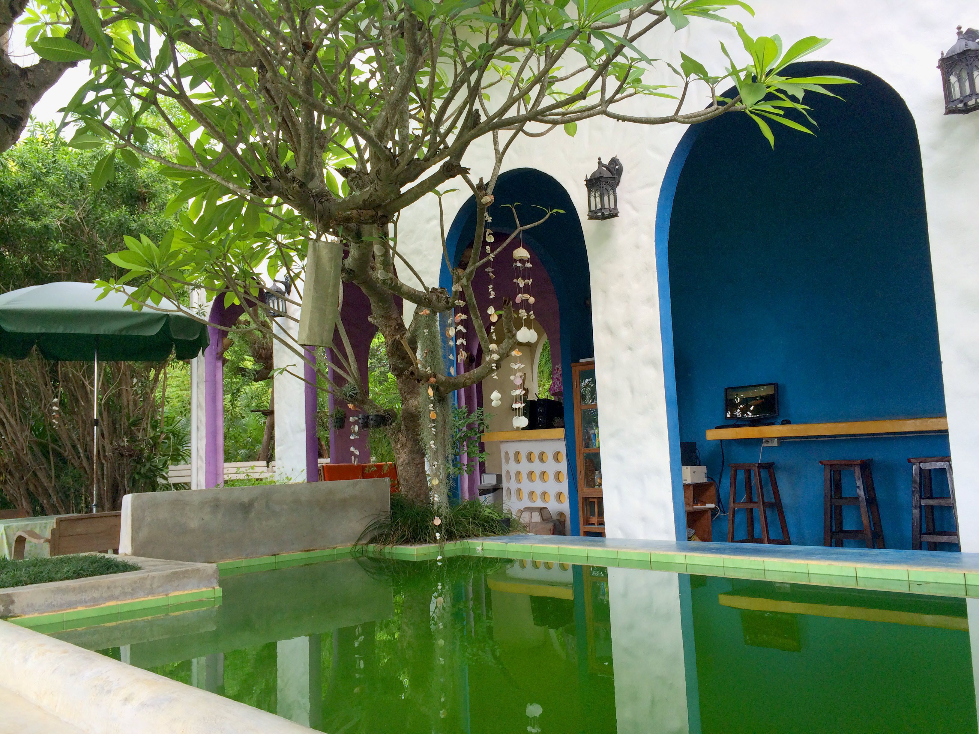 A pool area with a tree, a bench, and a building with blue arches.