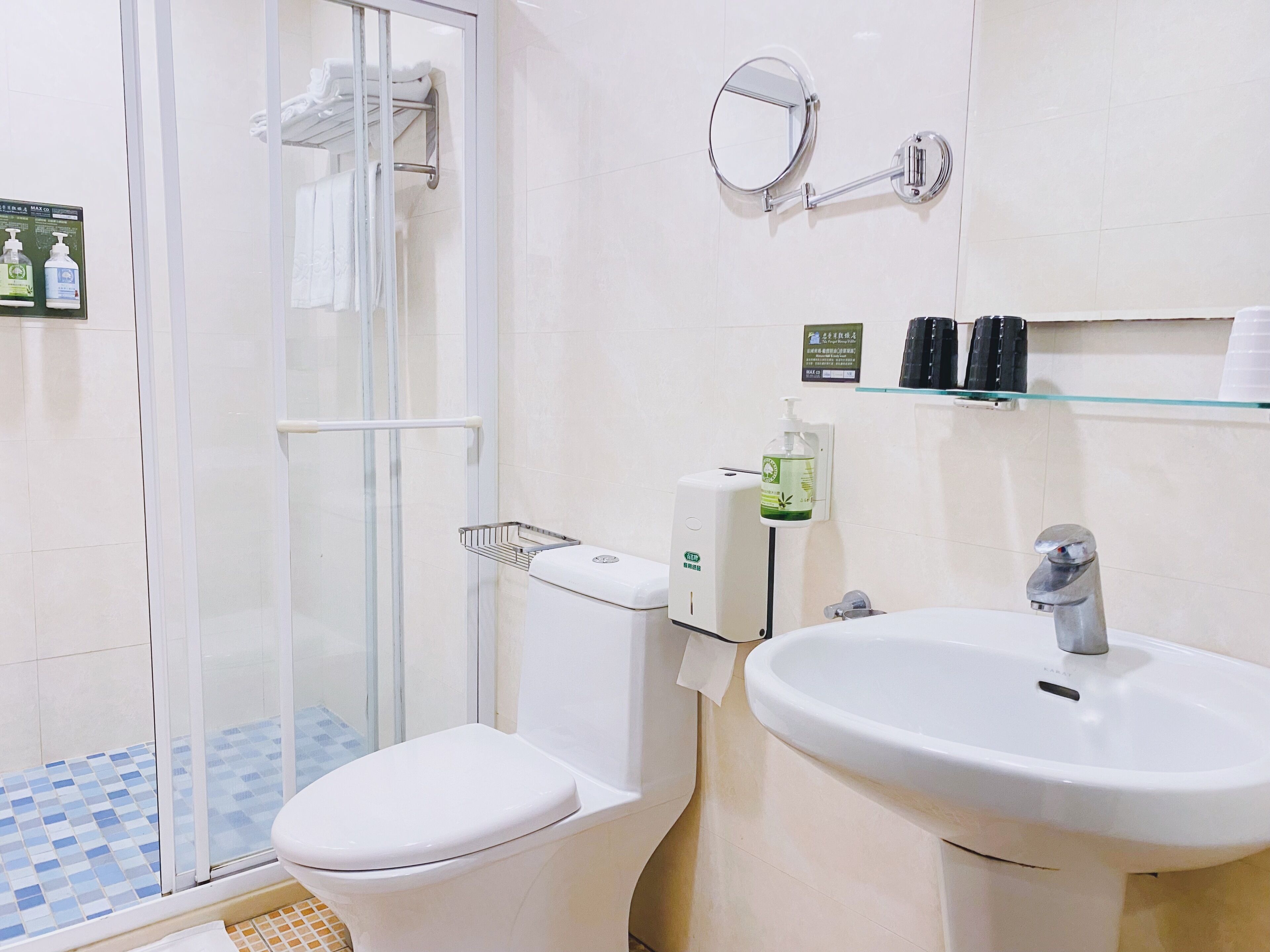 Une salle de bain équipée de toilettes, d’un lavabo et d’une douche à parois de verre.