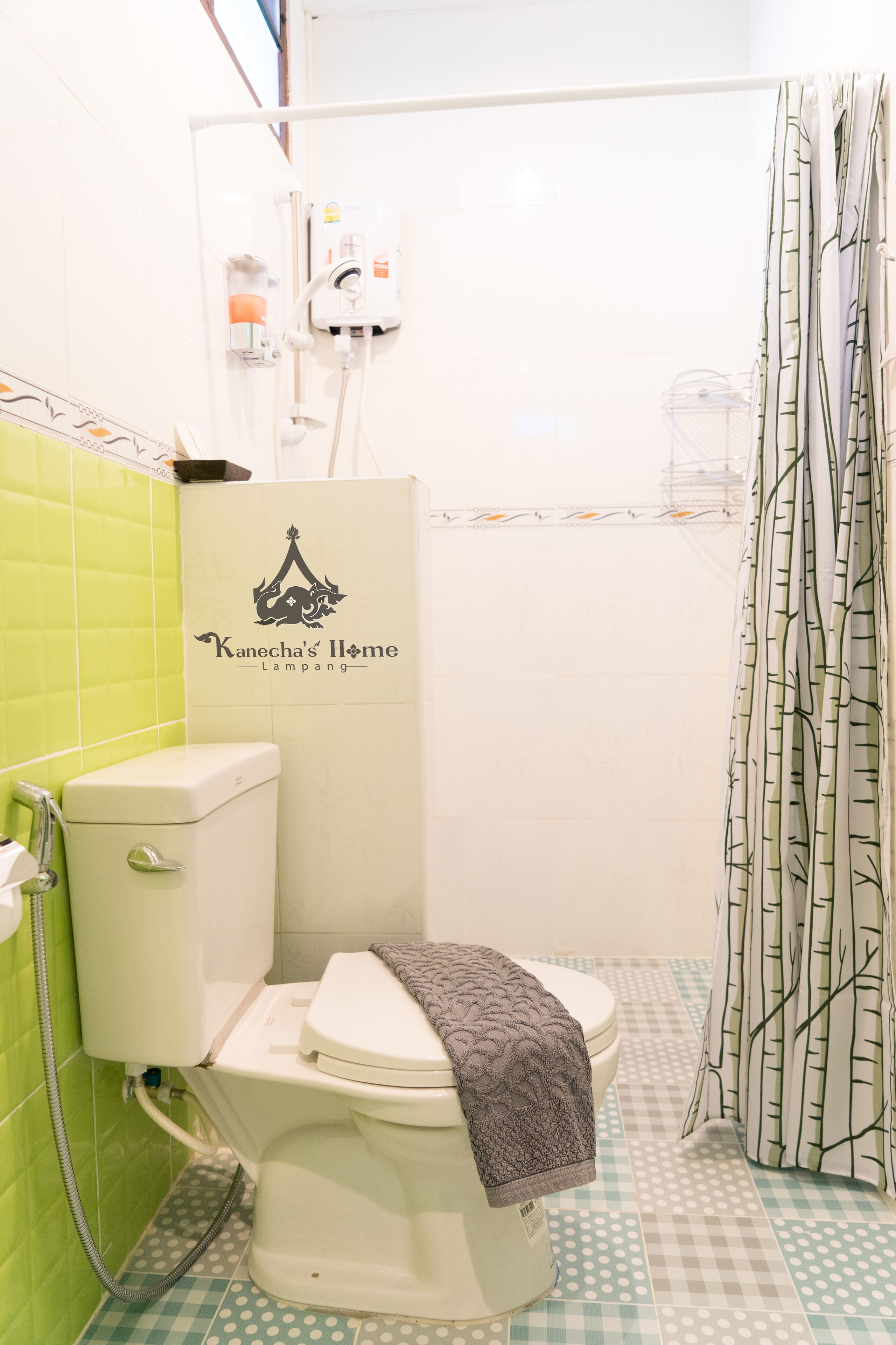 A bathroom with a toilet, a shower, and a toilet paper holder.