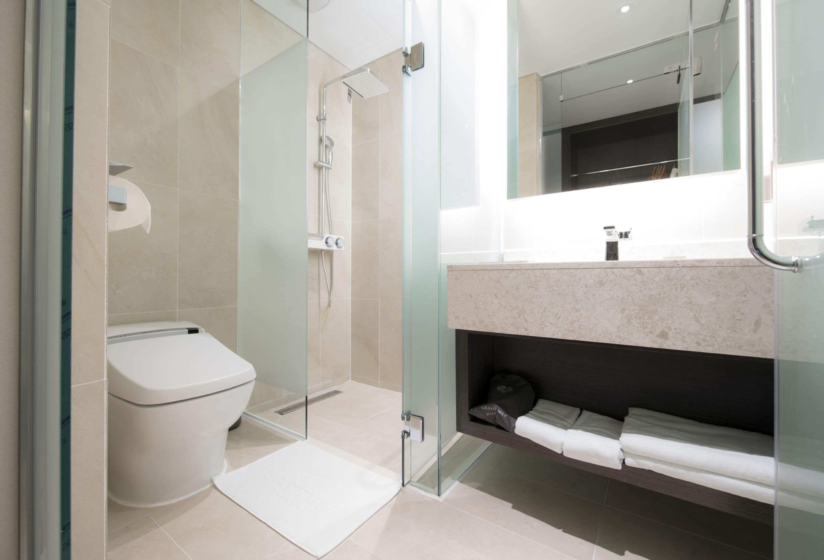 shower, hair dryer, bidet, towels