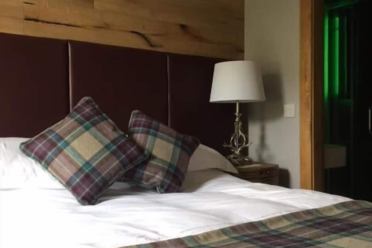 A bed with a plaid bedspread and two plaid pillows, a bedside lamp, and a wooden headboard.