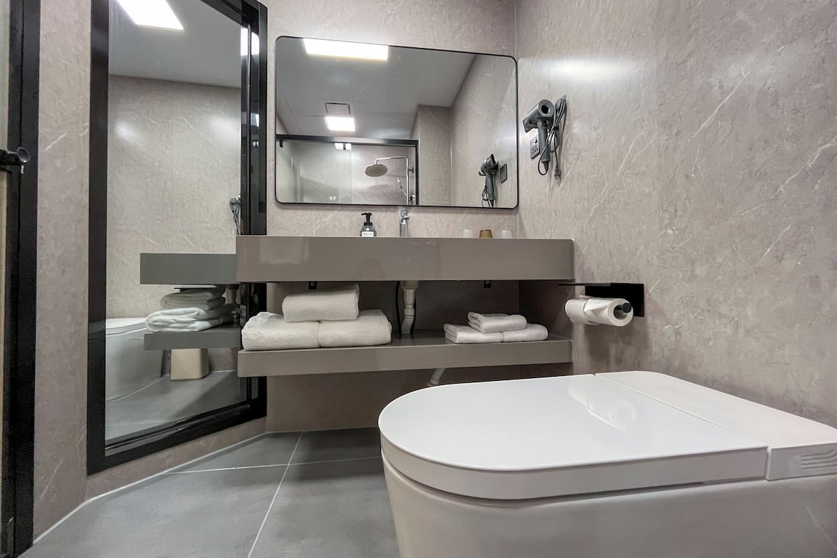 family room | bathroom | shower, rainfall showerhead, free toiletries, hair dryer