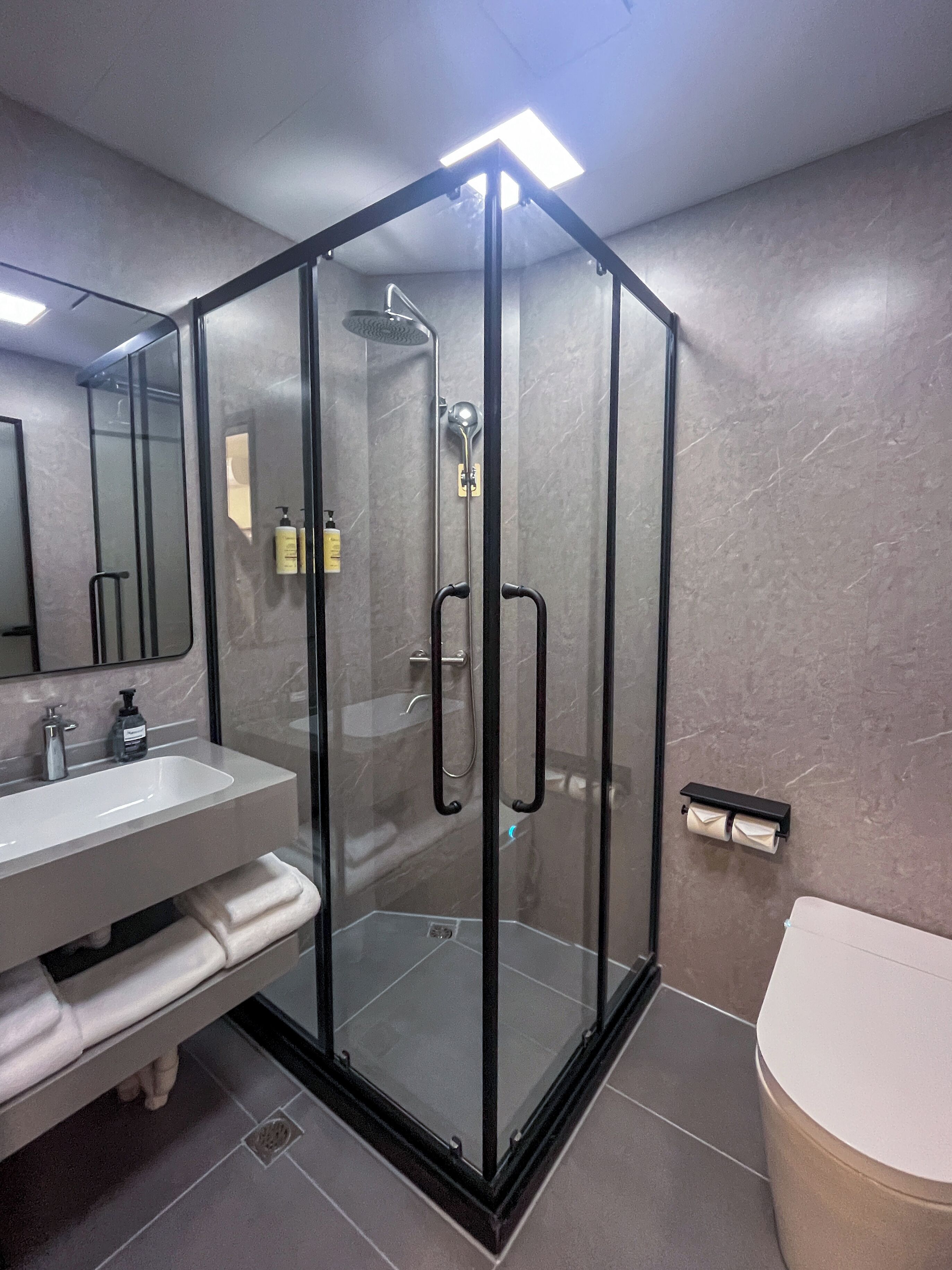 A modern bathroom with a glass-enclosed shower, a white sink with a mirror, and a toilet.
