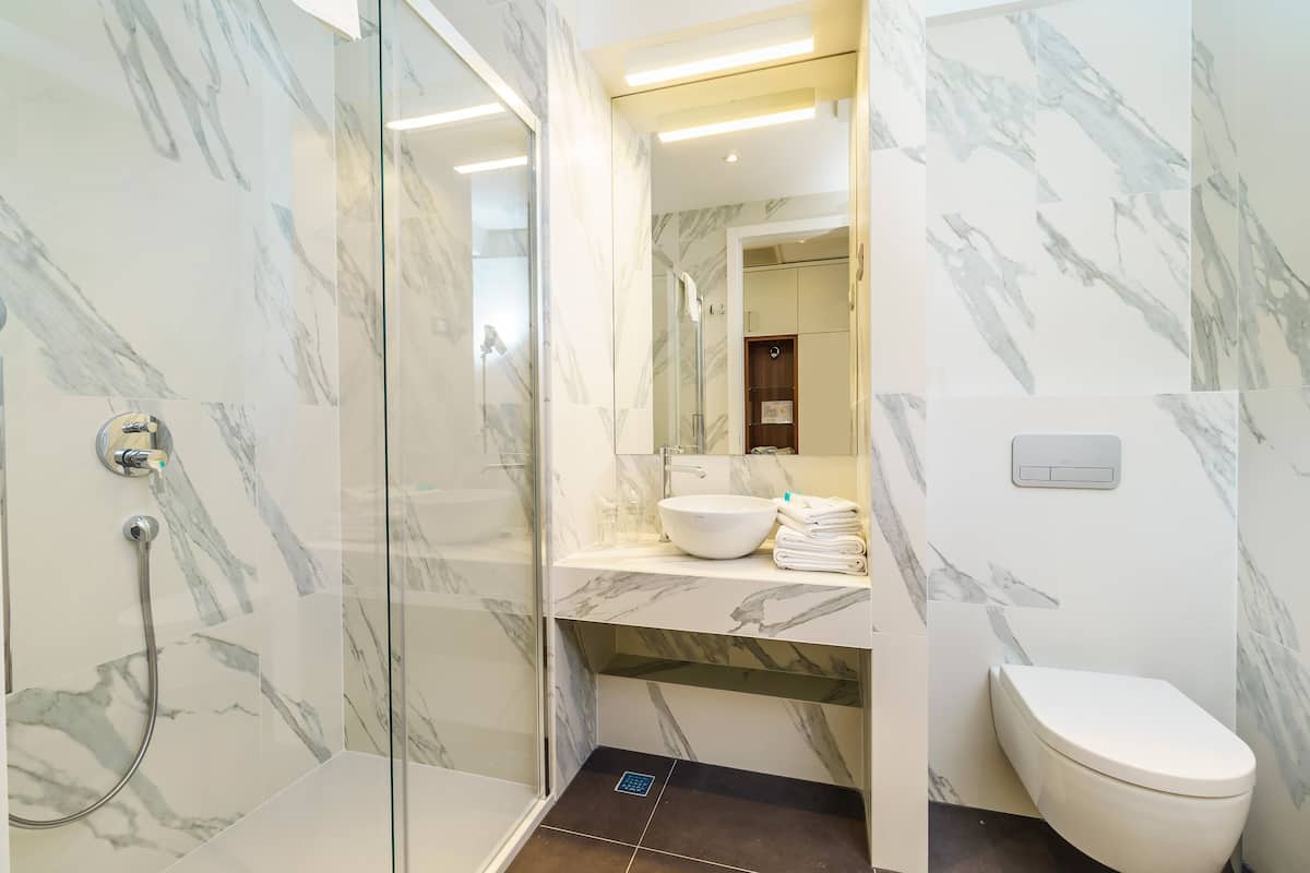 Duş, ücretsiz banyo/kozmetik ürünleri, saç kurutma makinesi, havlu