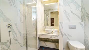 A modern bathroom with a glass shower enclosure, a white sink, and a toilet.