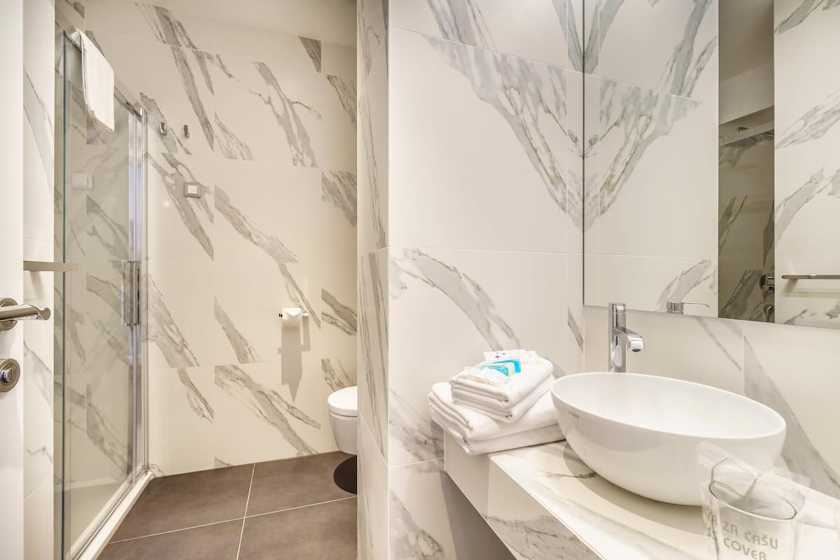 Duş, ücretsiz banyo/kozmetik ürünleri, saç kurutma makinesi, havlu