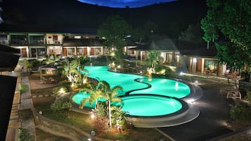 Outdoor pool, pool umbrellas, pool loungers