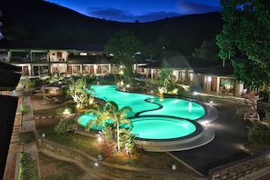 Outdoor pool, pool umbrellas, pool loungers