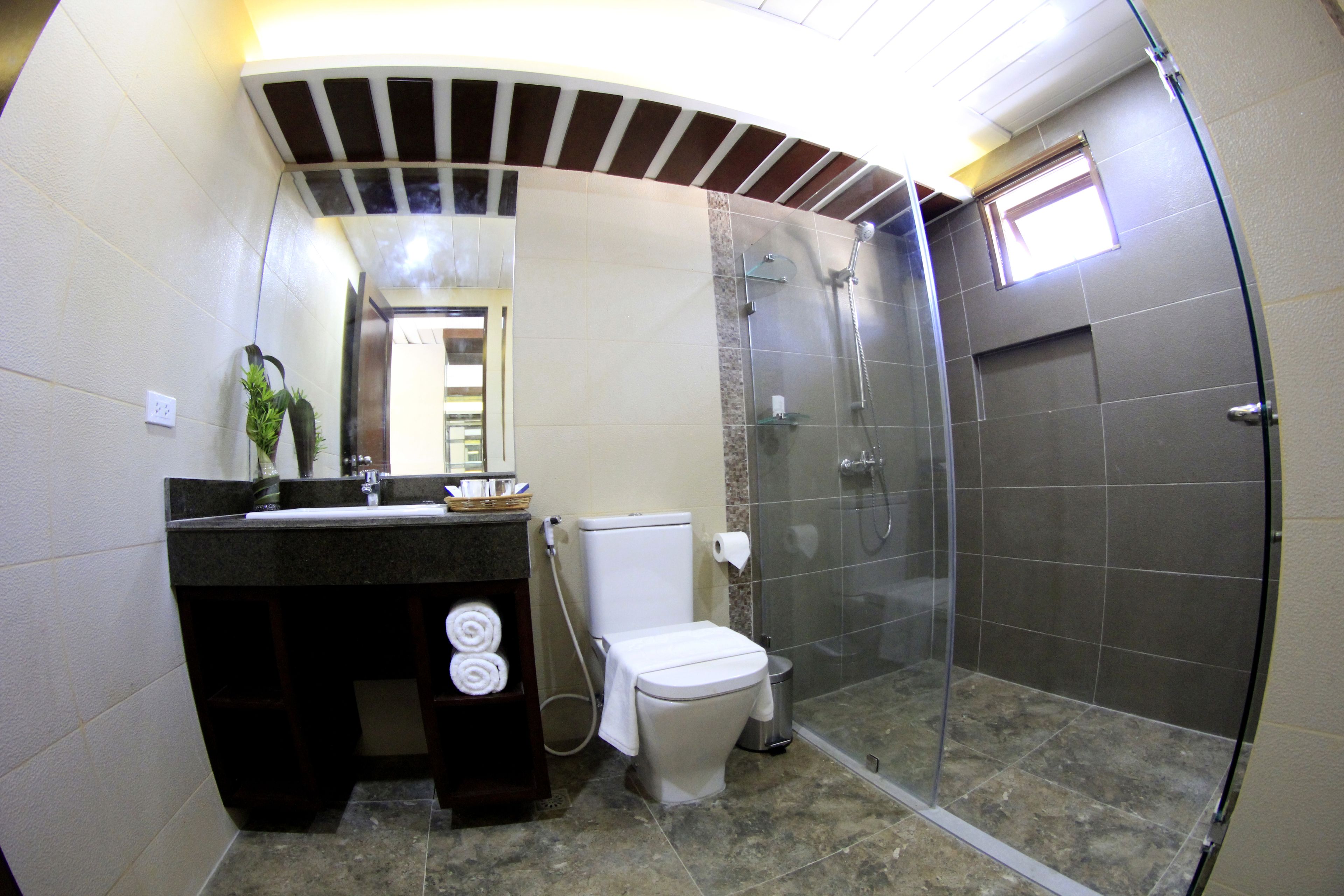 shower, free toiletries, hair dryer, bathrobes