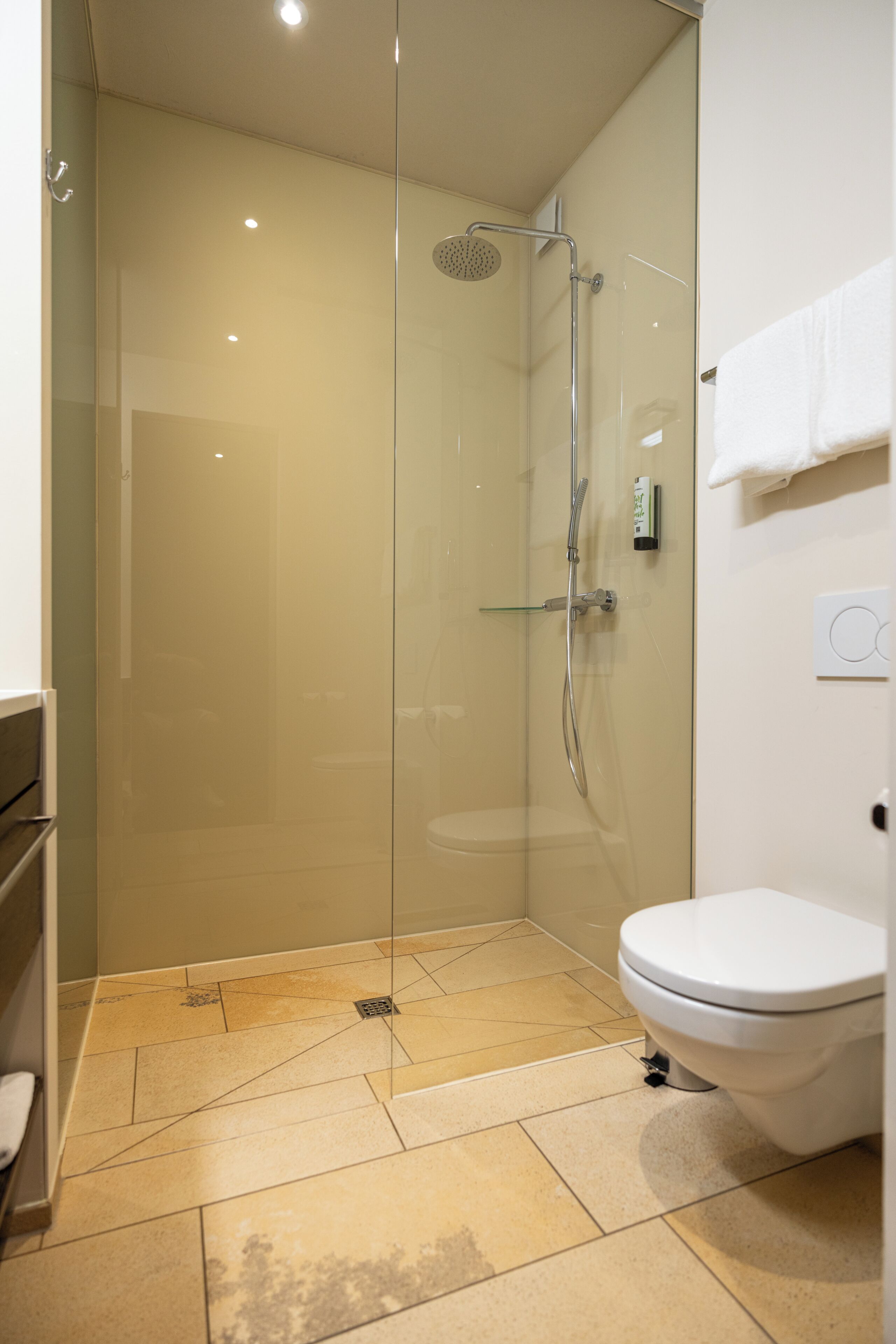 Ein modernes Badezimmer mit einer in Glas gefassten Dusche, einer weißen Toilette und einem Handtuchhalter.