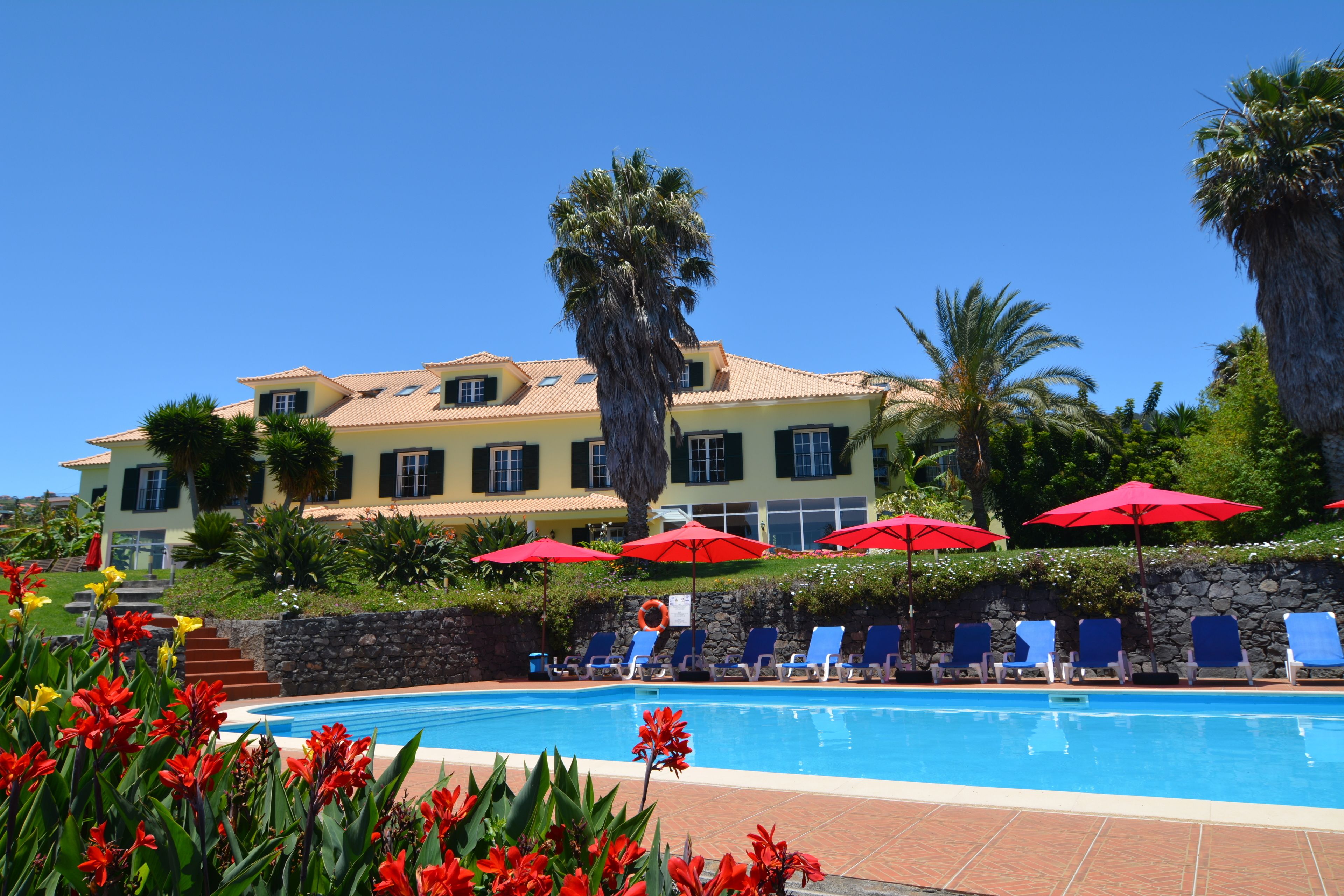 outdoor pool, pool umbrellas, pool loungers