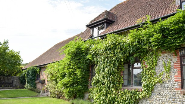 Une maison traditionnelle avec une façade en pierre, un toit en tuiles et un jardin bien entretenu agrémenté d’un banc en pierre.