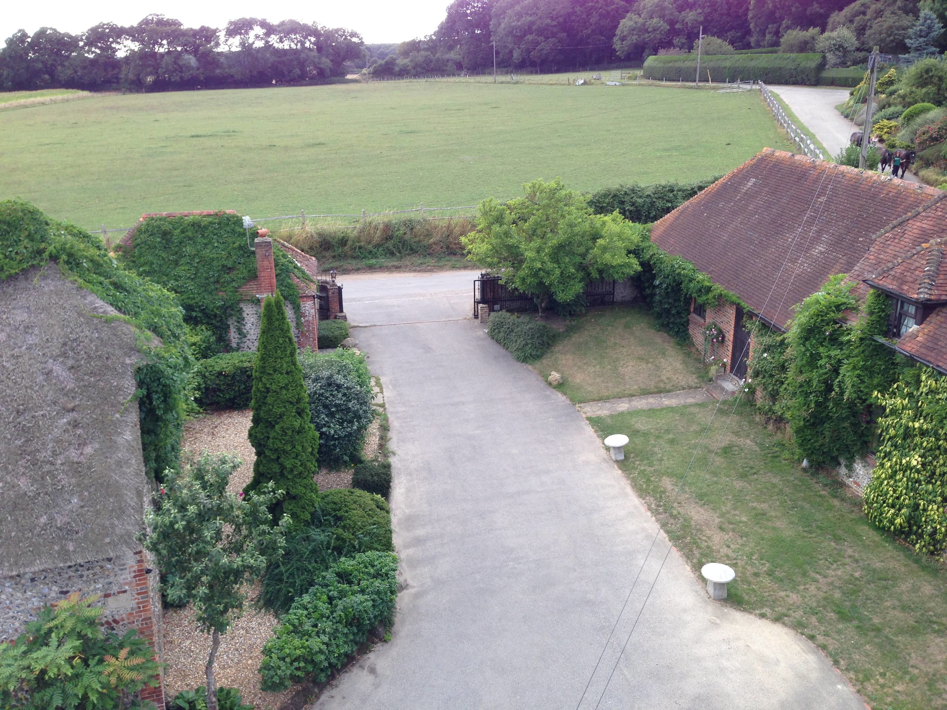 A rural property with a paved driveway leading to a house surrounded by lush greenery and a large field.