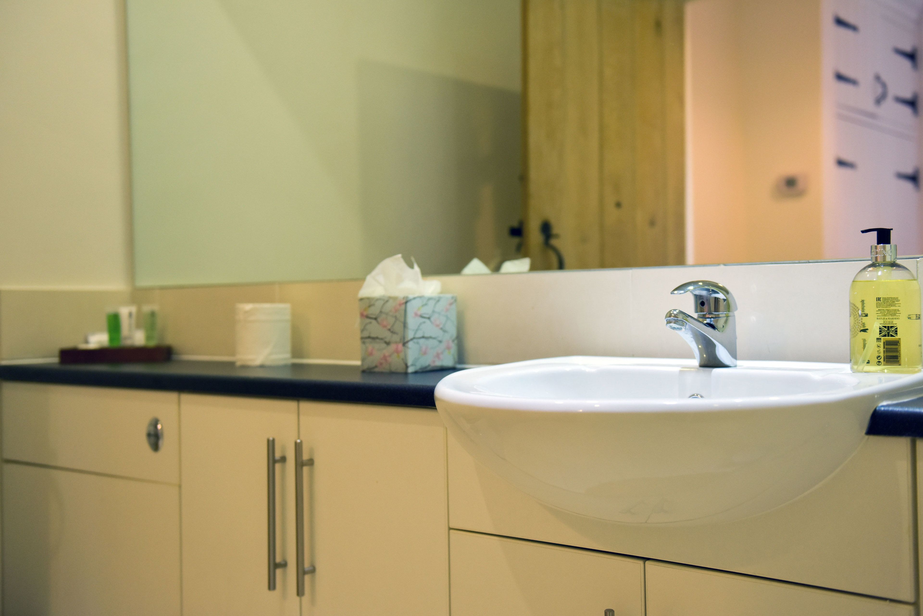 Un baño con un lavabo blanco, un espejo y un armario de madera.