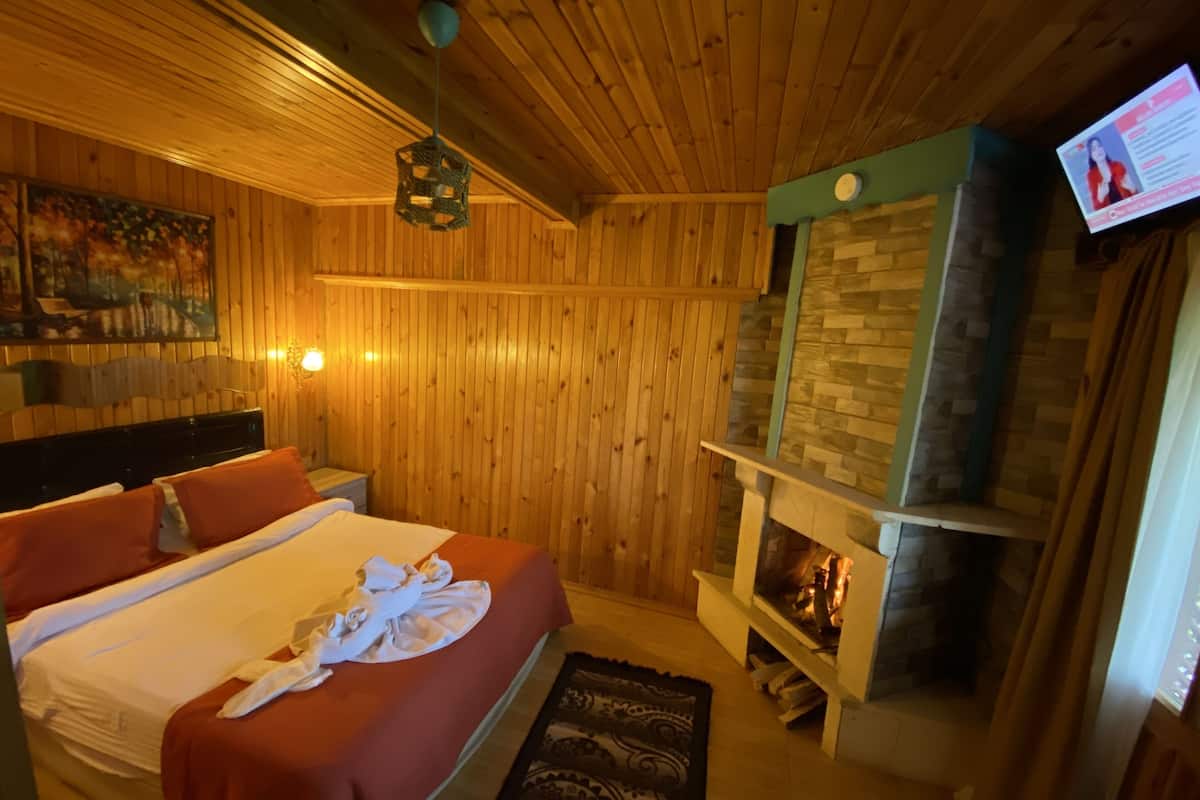 A wooden-paneled room with a bed, a fireplace, and a television on the wall.