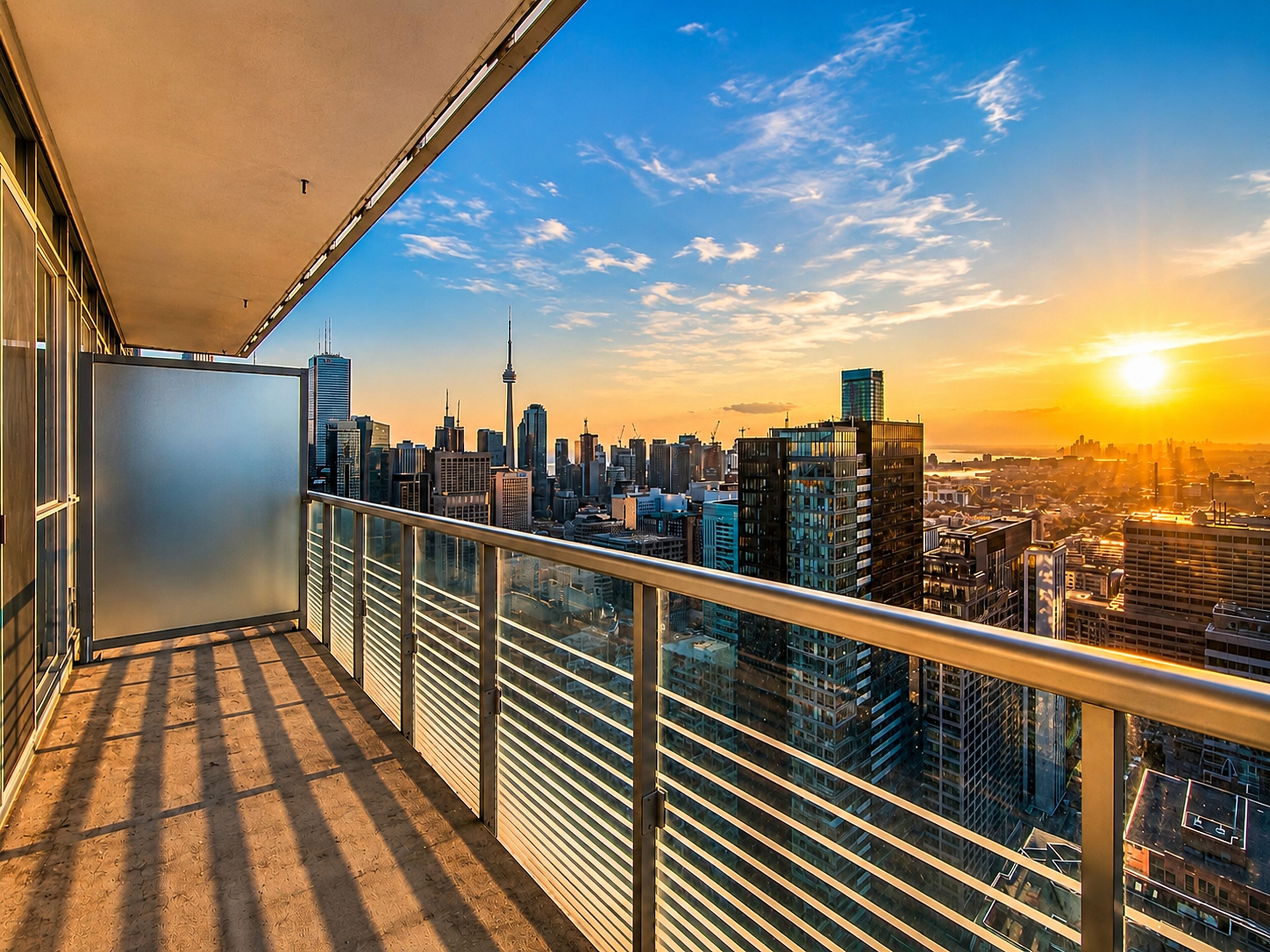 Un balcone con vista sullo skyline cittadino, che include una torre imponente, al tramonto.