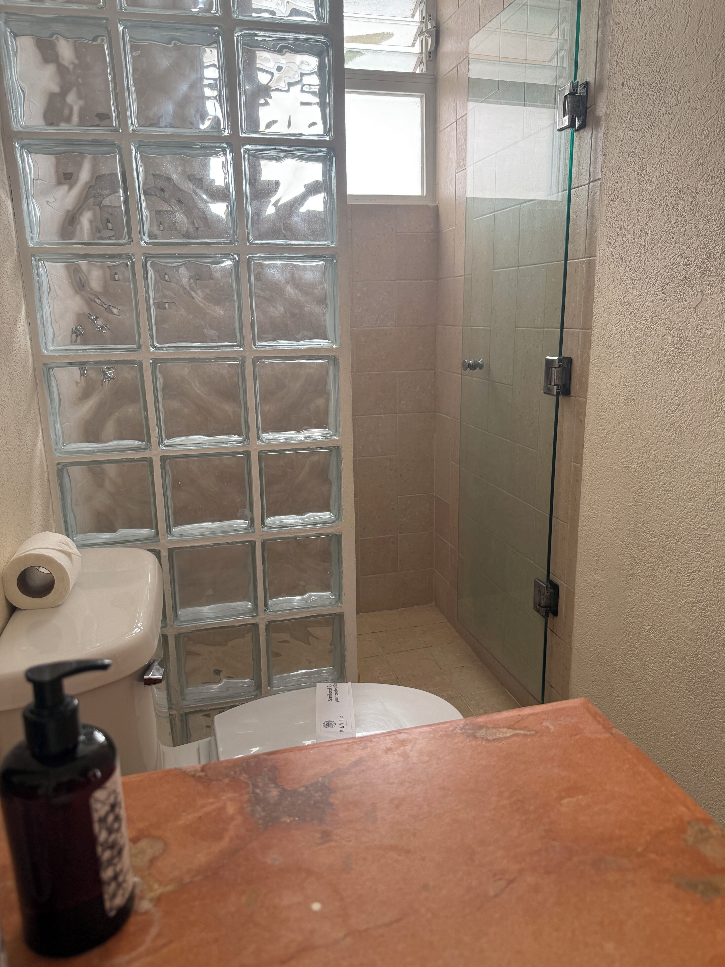 A bathroom with a glass shower enclosure, a toilet with a paper towel holder, and a soap dispenser on the counter.