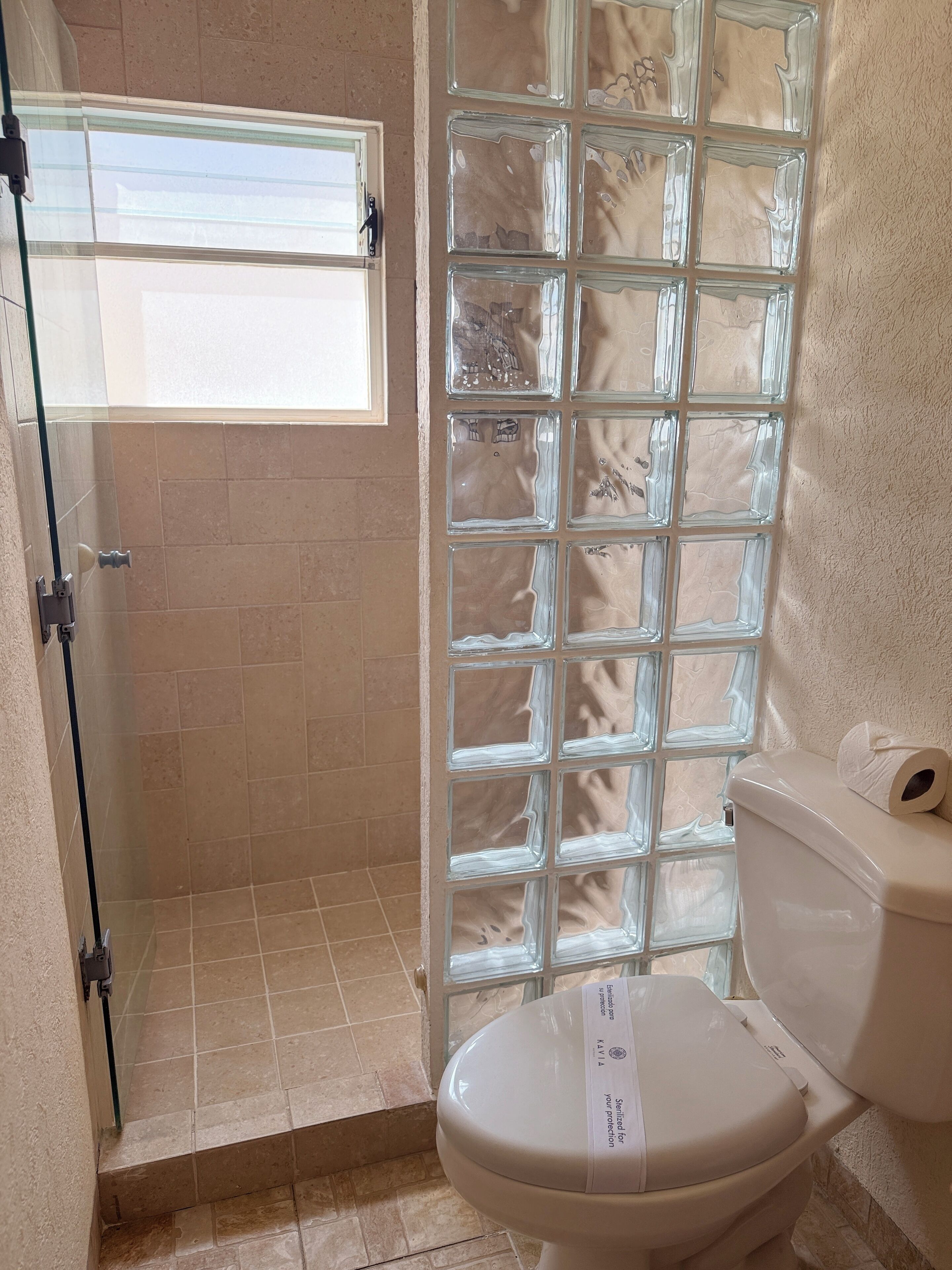 A bathroom with a glass shower enclosure, a toilet with a toilet paper holder, and a window with a view of the outside.