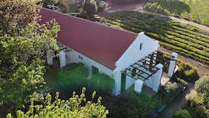 Un bâtiment blanc coiffé d’un toit rouge, entouré d’une végétation luxuriante et de vignobles.