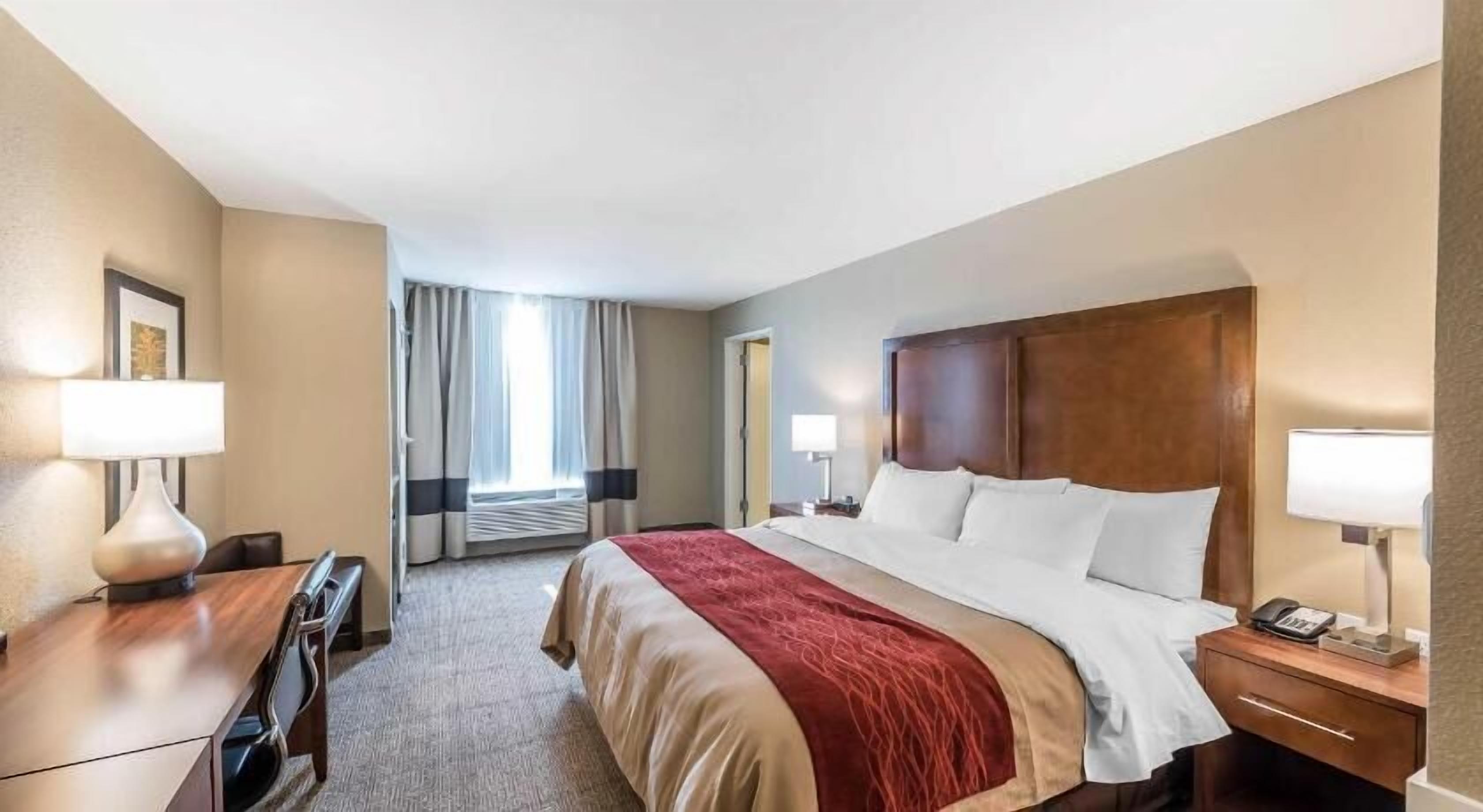 Pillow-top beds, desk, laptop workspace, blackout curtains