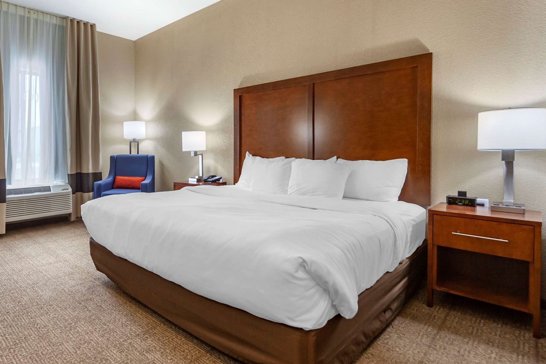 Pillow-top beds, desk, laptop workspace, blackout curtains