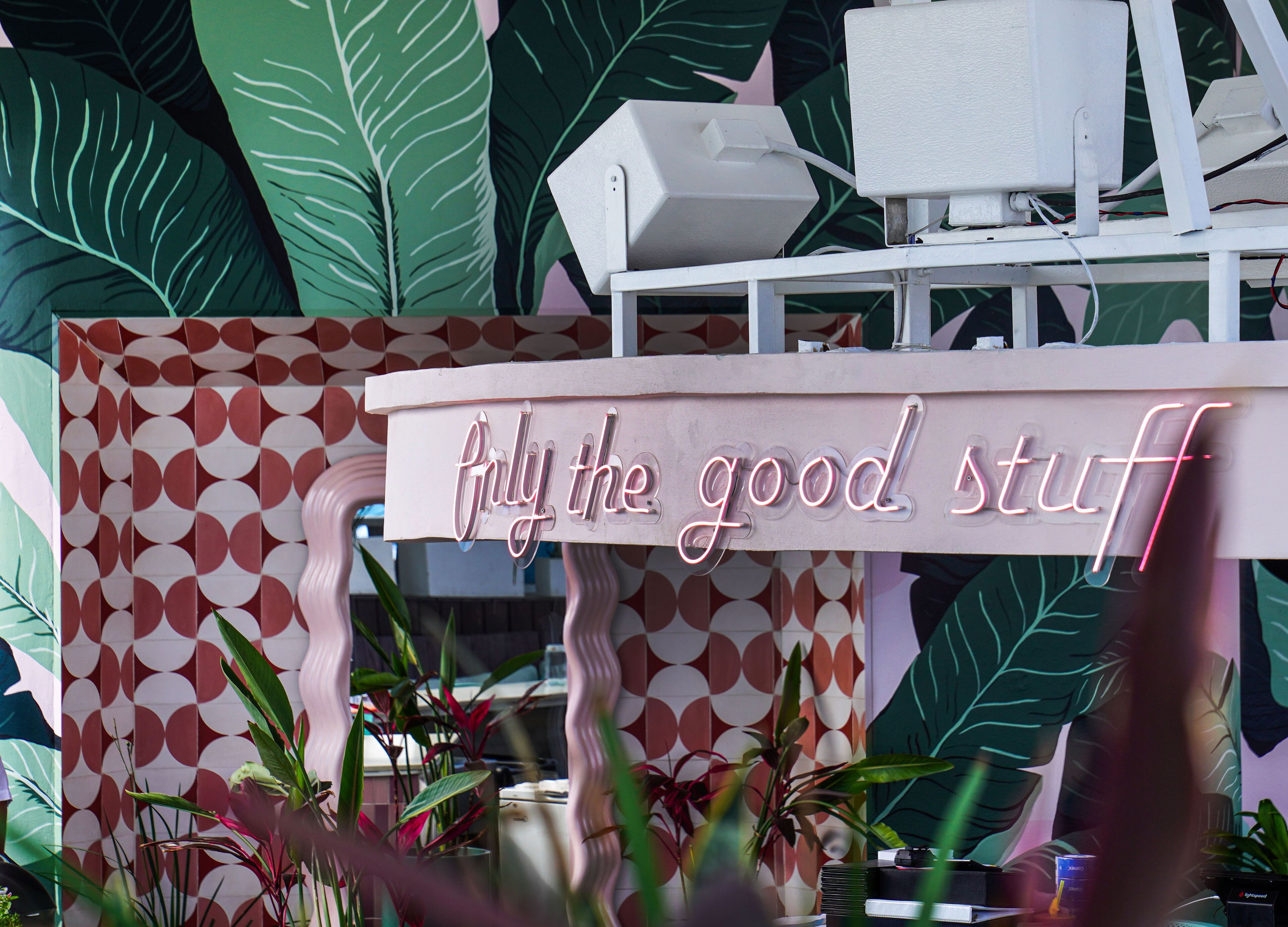 Um letreiro de neon com a frase 'Fully the good stuff' em fonte estilizada, com um fundo de folhas verdes grandes e uma parede padronizada.