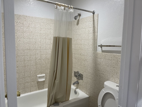 A bathroom with a bathtub, toilet, and shower curtain.