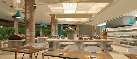A modern dining area with high ceilings, pendant lighting, and a central island with a floral arrangement.