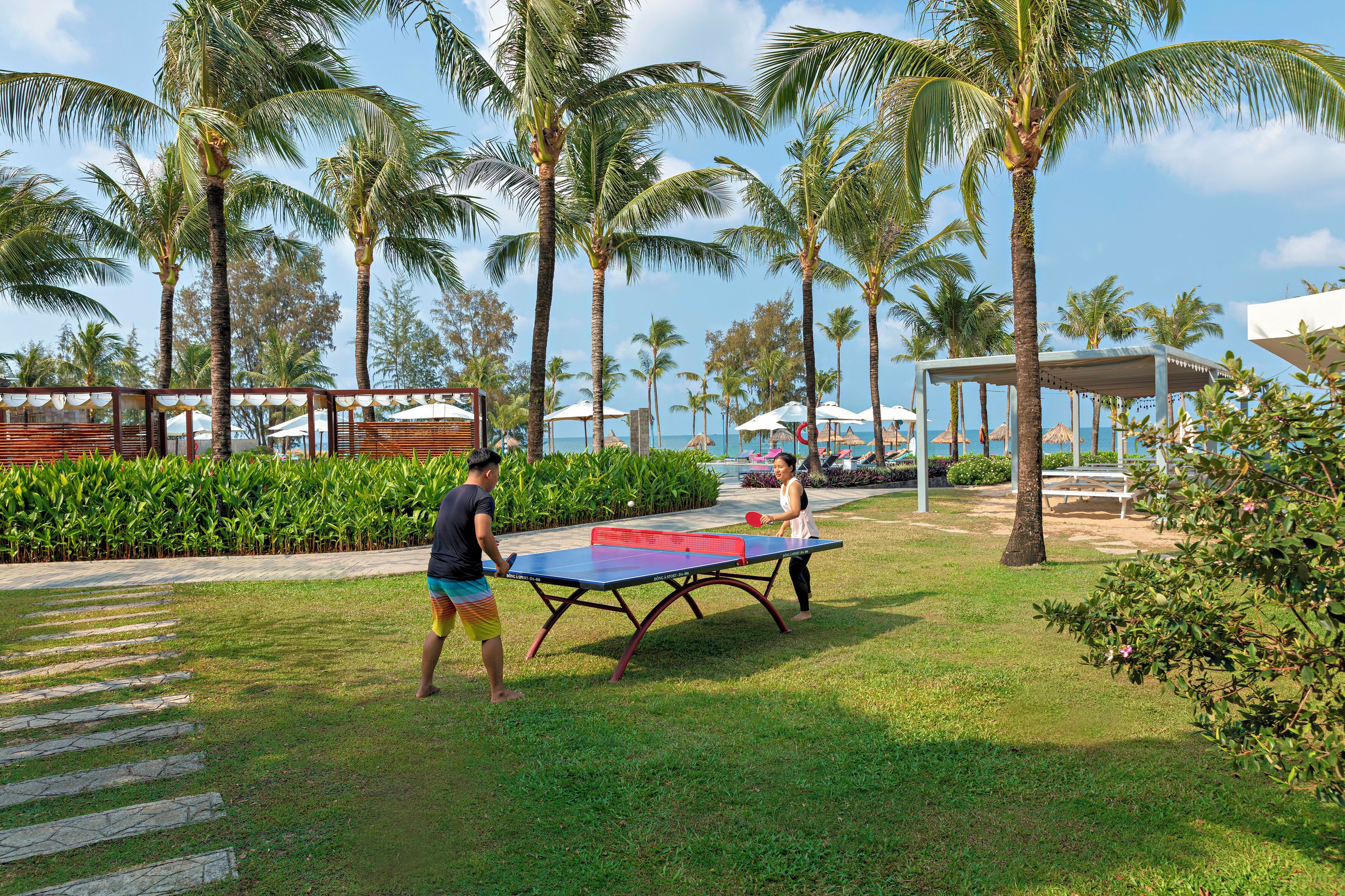 A table tennis court surrounded by palm trees and a pool area.