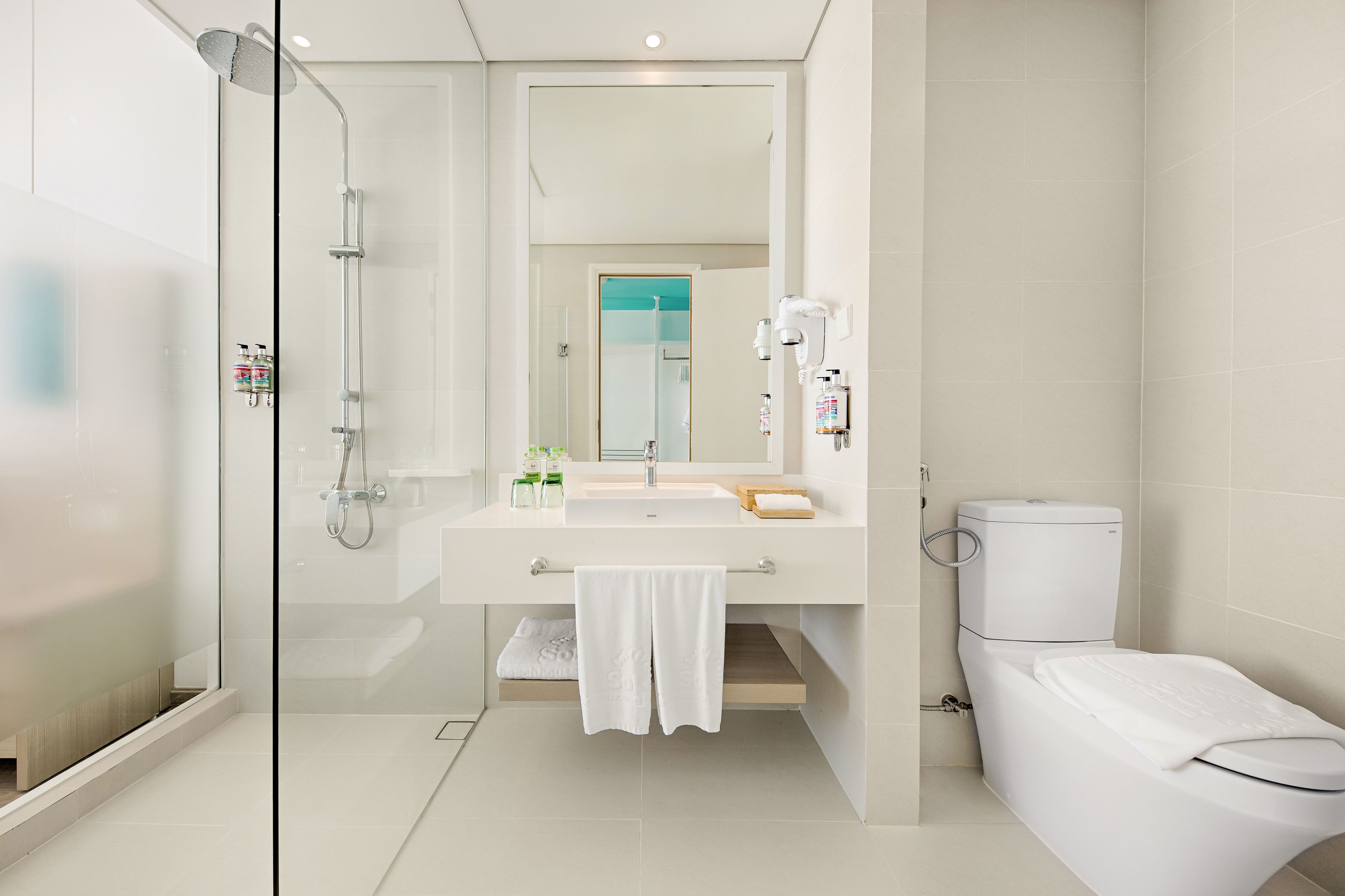 A modern bathroom with a glass shower enclosure, a white sink, and a toilet.