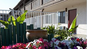 A building with a balcony, a large planter, and colorful flowers in front.