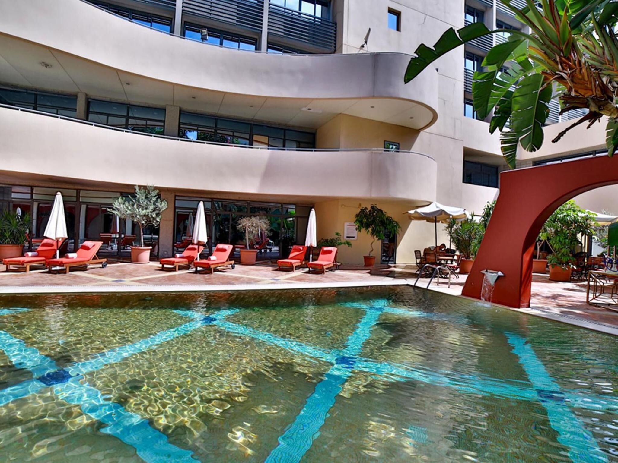 seasonal outdoor pool, pool umbrellas, pool loungers