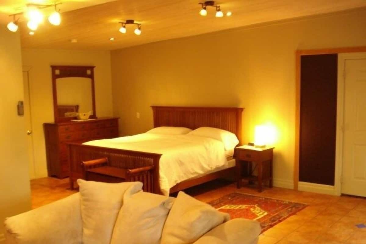 Patio Suite, 1 King Bed and 1 Queen Bed, Fireplace, Kitchenette | 2 bedrooms, soundproofing, iron/ironing board, free WiFi