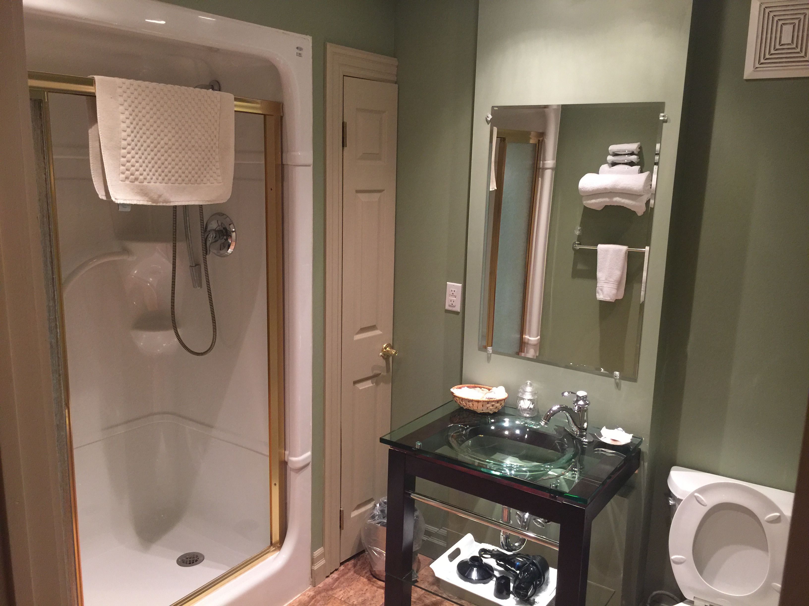 A bathroom with a glass sink, a toilet, and a walk-in shower.