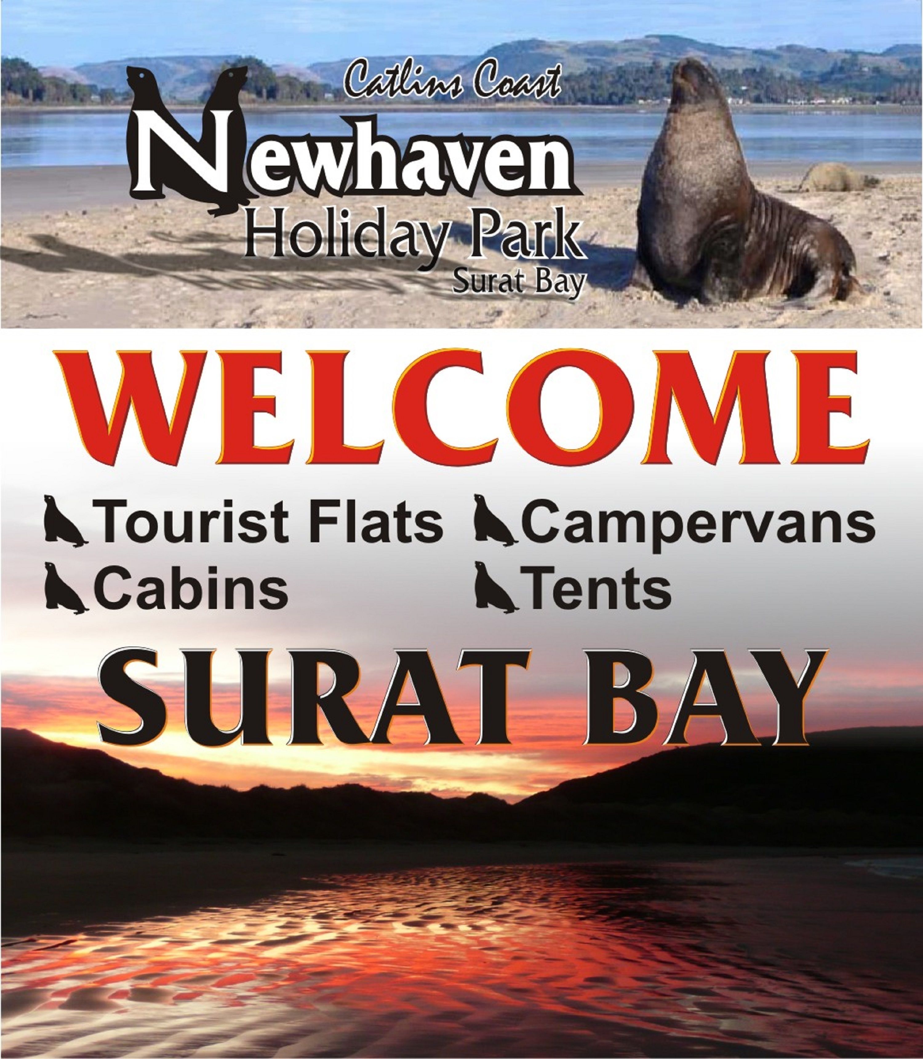 Tervetulotoivotus Newhaven Holiday Park -lomakeskukseen Surat Bayn alueella. Lomakeskuksessa on tarjolla turisteille tarkoitettuja huoneistoja, mökkejä ja telttapaikkoja.
