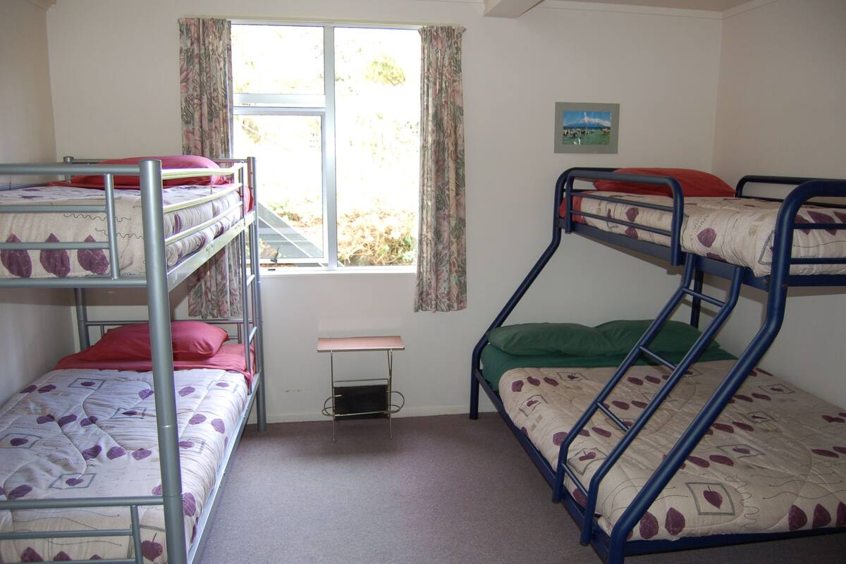 A dormitory room with bunk beds, a small desk, and a window with curtains.