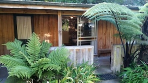 A wooden cabin with a glass door entrance, surrounded by lush greenery including ferns and other plants.