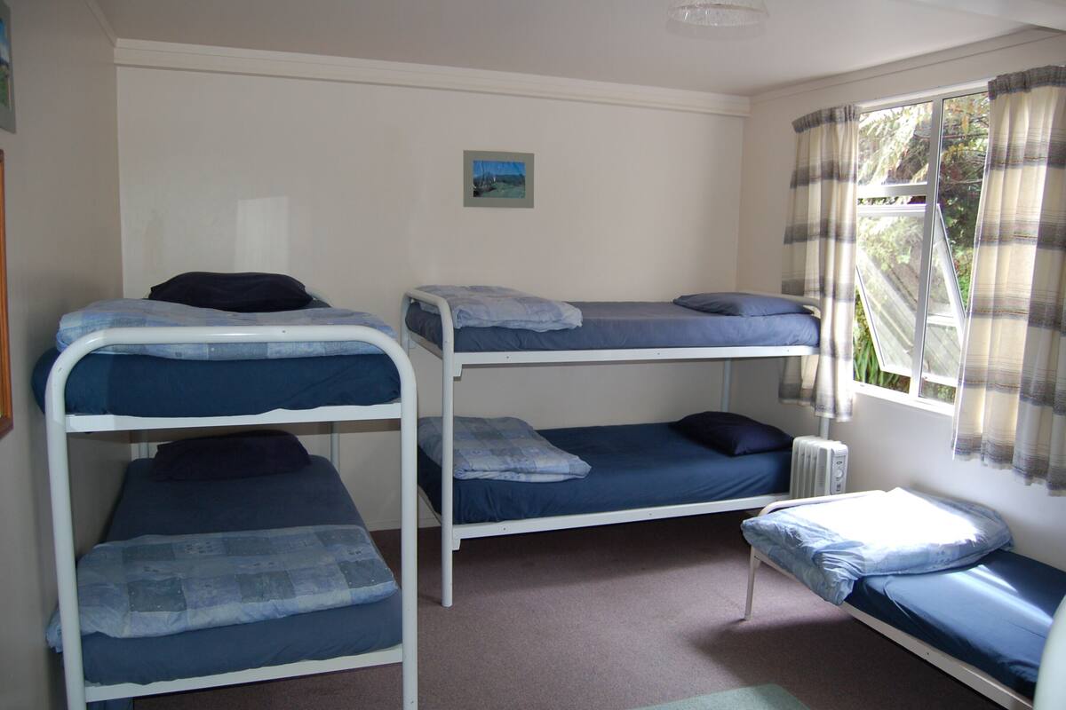 A dormitory room with bunk beds, a radiator, a window with curtains, and a small picture on the wall.