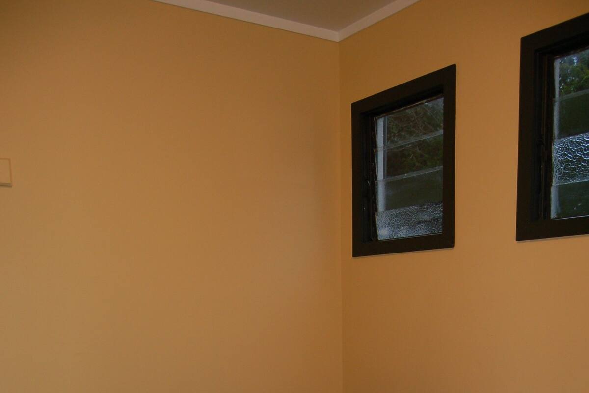 A single bed with a colorful bedspread in a room with yellow walls and two windows with dark frames.