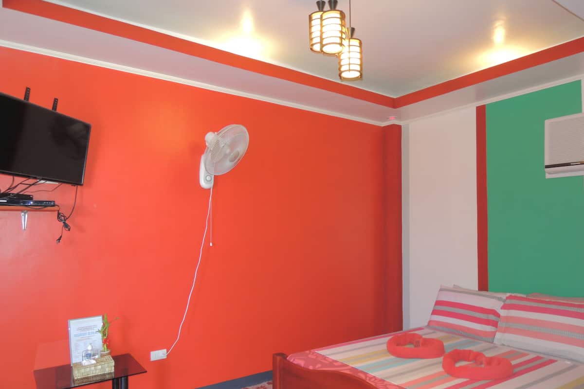 Una habitación con una cama, un televisor montado en la pared, un ventilador y una mesa con una planta y una botella.