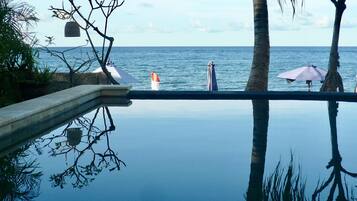 Outdoor pool, pool umbrellas, pool loungers