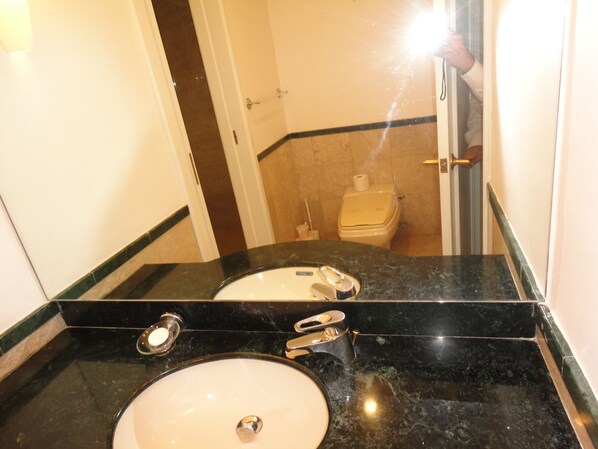 A bathroom with a sink, mirror, and toilet. - Rainbow Suites at Times Square (Kuala Lumpur)