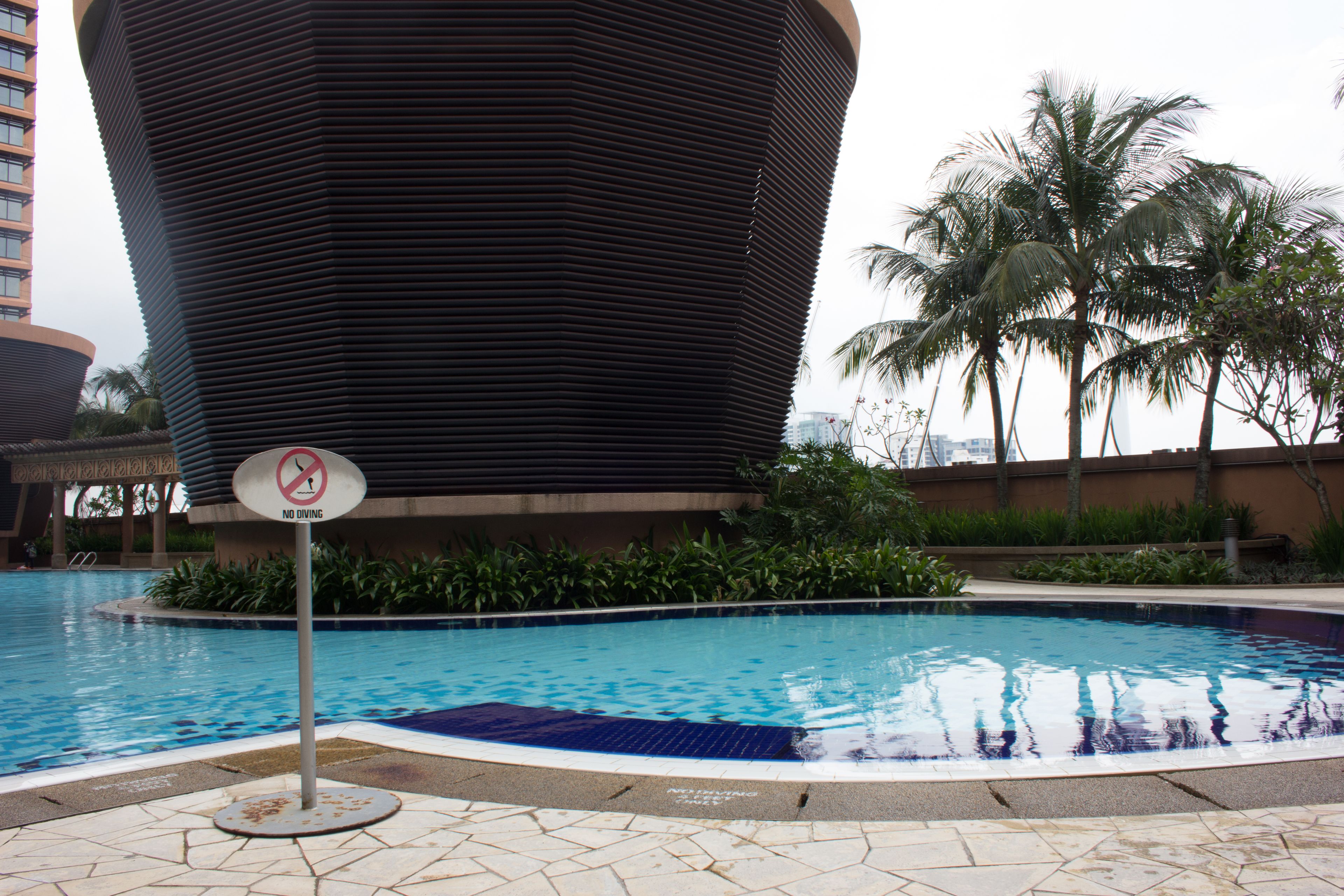 A swimming pool with a 'No Diving' sign, surrounded by palm trees and a modern building.