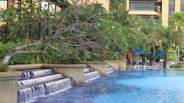 Une piscine agrémentée d’une cascade, entourée d’une végétation luxuriante et de chaises longues.